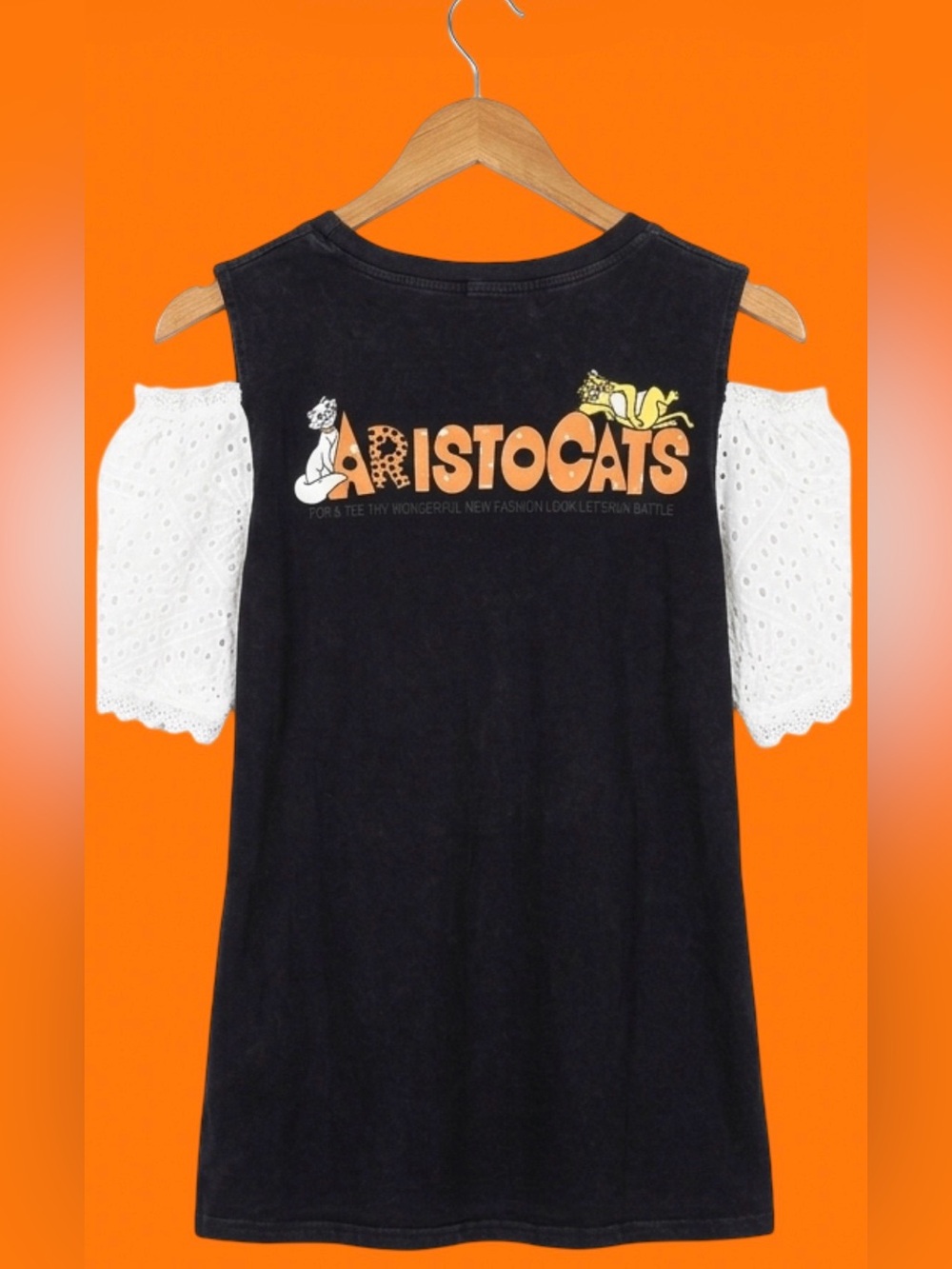 Disney Aristocats Upcycled Shirt Cold Shoulder Eyelet Lace Puff Sleeve Blk Cat L - Picture 3 of 9